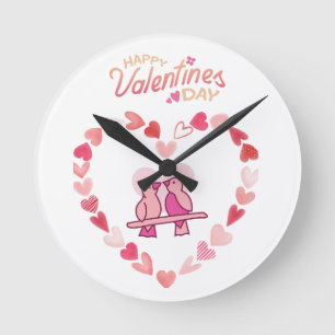 Happy Valentines Day Love Birds Rosa Herzklopfen Runde Wanduhr