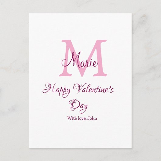 Happy valentine's day monogram pink name love girl postkarte (Vorderseite)
