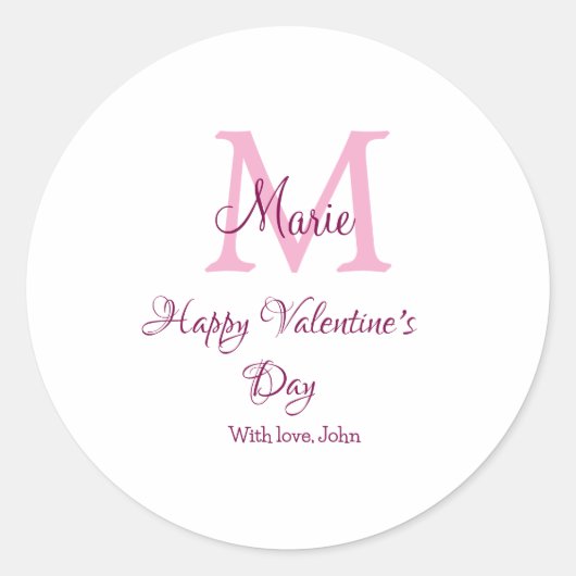 Happy valentine's day monogram pink name love girl runder aufkleber (Vorderseite)