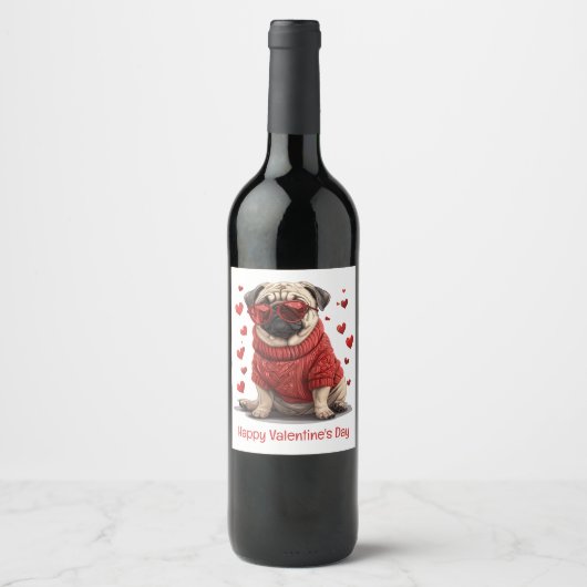 Happy Valentines Day Mops Hund Weinetikett (Vorderseite)
