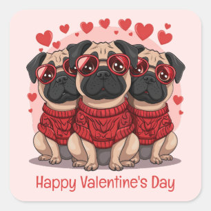 Happy Valentines Day Mops Hunde Quadratischer Aufkleber