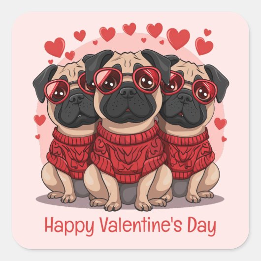 Happy Valentines Day Mops Hunde Quadratischer Aufkleber (Vorderseite)