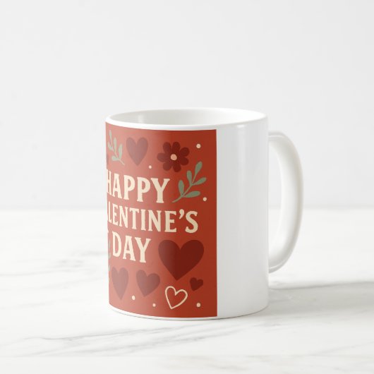 Happy Valentine's Day Mug – Red Hearts & Floral Lo Kaffeetasse (VorderseiteRechts)