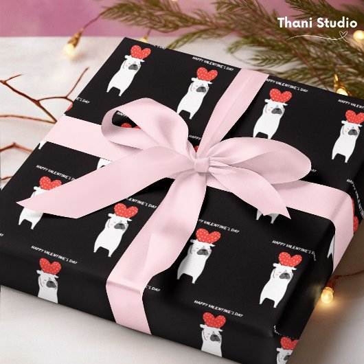 Happy Valentine's Day Niedlicher Mops & Red Heart Geschenkpapier