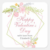 Happy Valentines Day Personalisiert Chic Pink Flor Quadratischer Aufkleber (Vorderseite)
