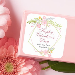 Happy Valentines Day Personalisiert Chic Pink Flor Quadratischer Aufkleber