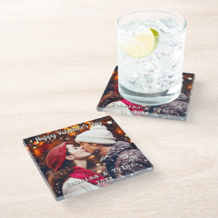 Happy Valentine's Day Personalisiertes Foto & Name Glasuntersetzer