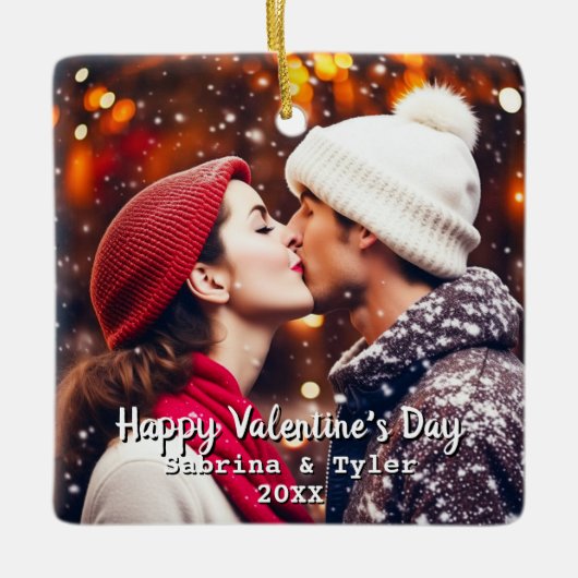 Happy Valentine's Day Personalisiertes Foto & Name Keramikornament (Vorderseite)