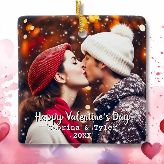 Happy Valentine's Day Personalisiertes Foto & Name Keramikornament