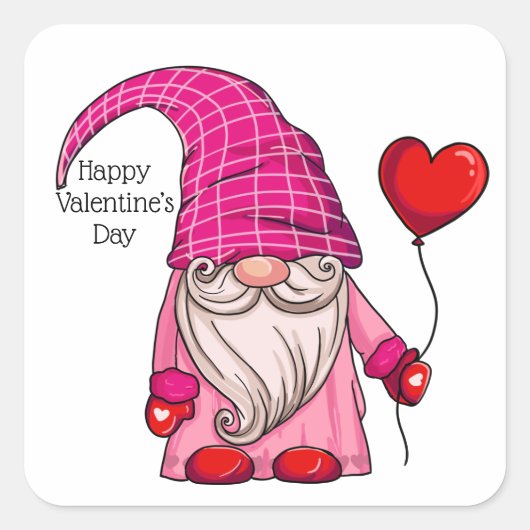 Happy Valentine's Day Pink Gnome Herzen Balloon Sq Quadratischer Aufkleber (Vorderseite)