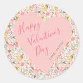 Happy Valentines Day pink heart floral Runder Aufkleber (Vorderseite)