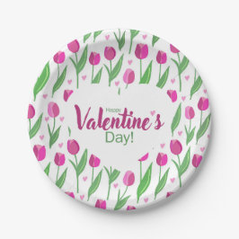 Happy Valentine's Day Pink Tulips Pappteller