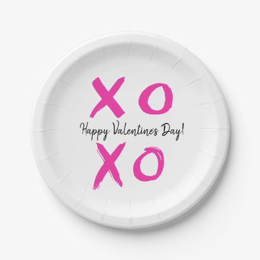 Happy Valentine's Day Pink white XOXO Pappteller (Vorderseite)