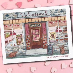 Happy Valentine's Day Pizza Shop Watercolor Feiertagspostkarte