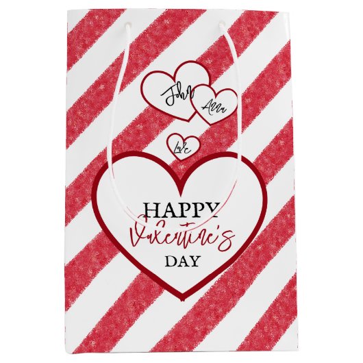 Happy Valentine's Day Red Hearts Chalk Stripes Mittlere Geschenktüte (Vorderseite)