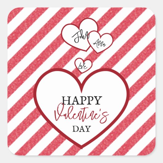 Happy Valentine's Day Red Hearts Chalk Stripes Quadratischer Aufkleber (Vorderseite)