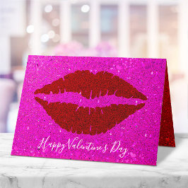 Happy Valentine's Day Red Lips on Pink Glitzer Feiertagskarte