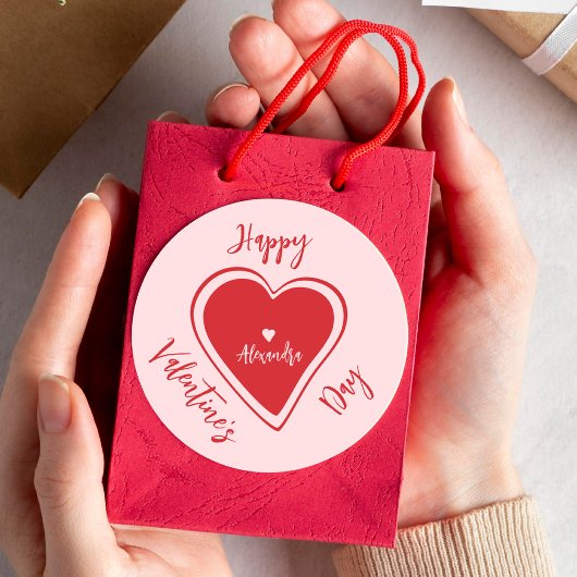 Happy Valentines Day red pink heart script name Runder Aufkleber