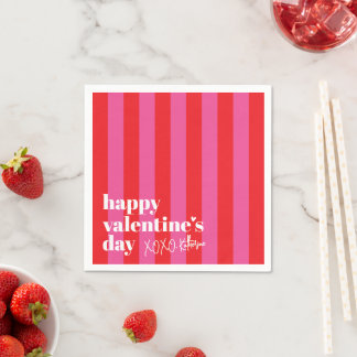 Happy Valentine's Day Red Pink Stripe Paper Serviette