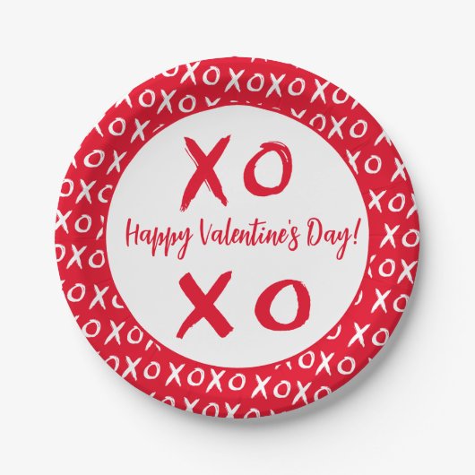 Happy Valentine's Day Red White XOXO Muster Pappteller (Vorderseite)