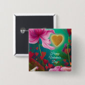 Happy Valentines Day - Rosa Blume und Herzen Button (Vorne & Hinten)