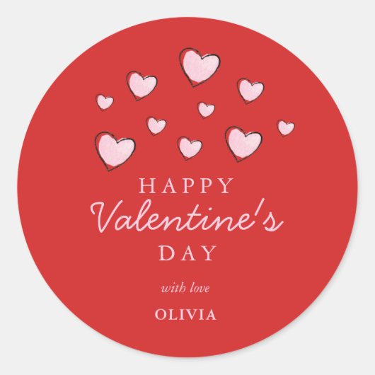 Happy Valentine's Day Rosa Herzen auf Rot Runder Aufkleber (Vorderseite)