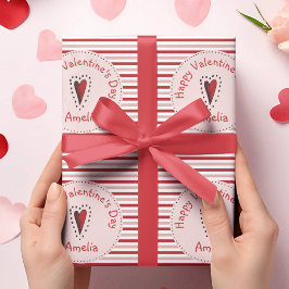 Happy Valentines Day Rosa und Rote Streifen Geschenkpapier