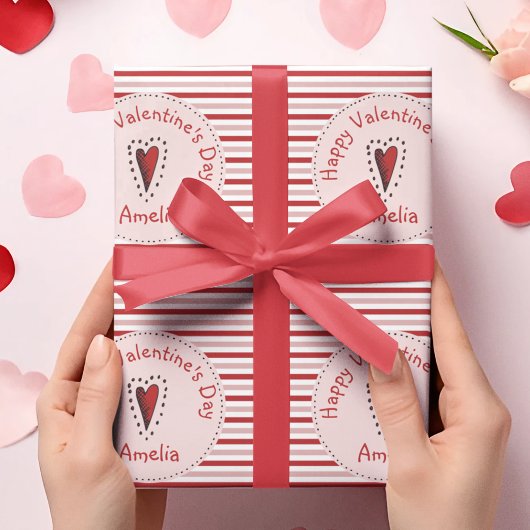 Happy Valentines Day Rosa und Rote Streifen Geschenkpapier