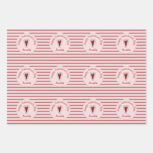 Happy Valentines Day Rosa und Rote Streifen & Herz Geschenkpapier Set (Vorderseite)