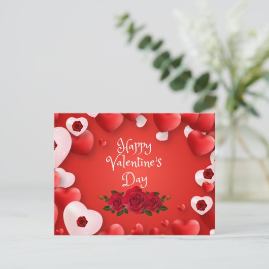 Happy Valentine's Day Rote Herzen und Rose Postkarte (Stehend Vorderseite)