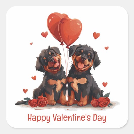Happy Valentines Day Rottweiler Hunde Quadratischer Aufkleber (Vorderseite)