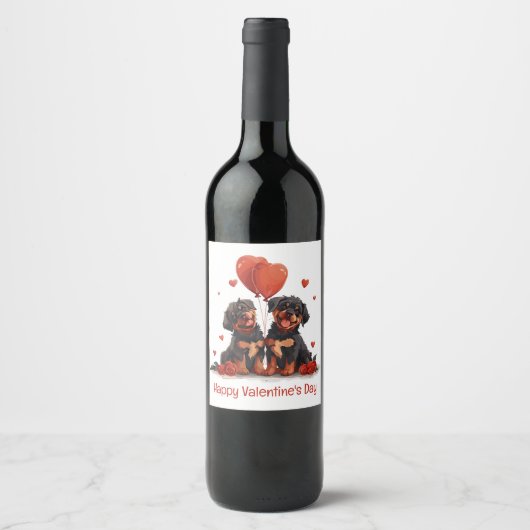 Happy Valentines Day Rottweiler Hunde Weinetikett (Vorderseite)