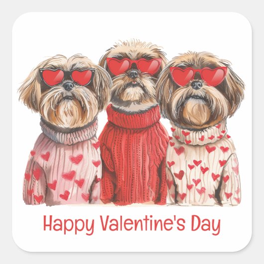 Happy Valentines Day Shih Tzu Dogs Quadratischer Aufkleber (Vorderseite)