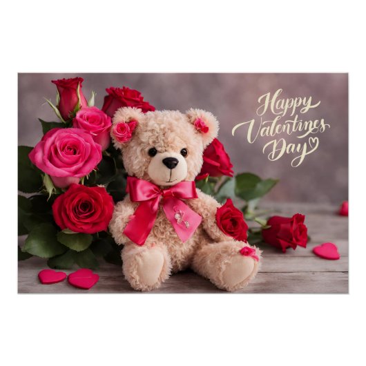 Happy Valentine's Day Teddy Bären mit Rose Poster (Vorderseite)