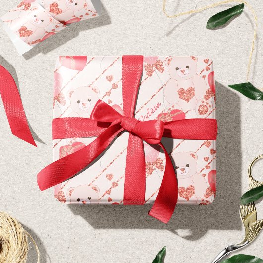 Happy Valentine's Day Teddy Bären Muster auf Pink Geschenkpapier
