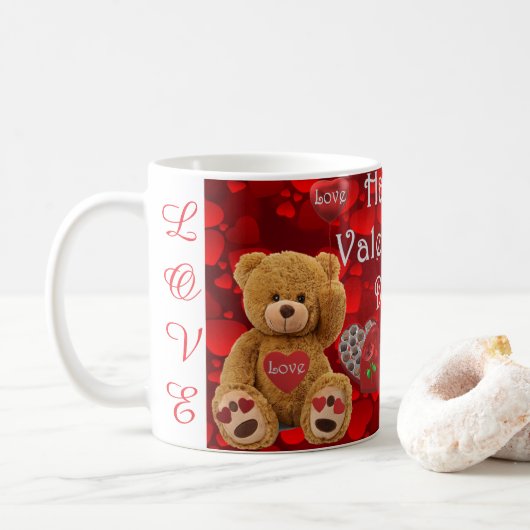 Happy Valentine's Day Teddy Bear Heart Cute Kaffeetasse (Mit Donut)