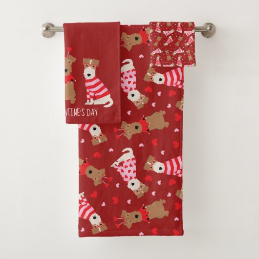 Happy Valentines Day Welsh Wire Fox Terrier Dogs Badhandtuch Set (Insitu)