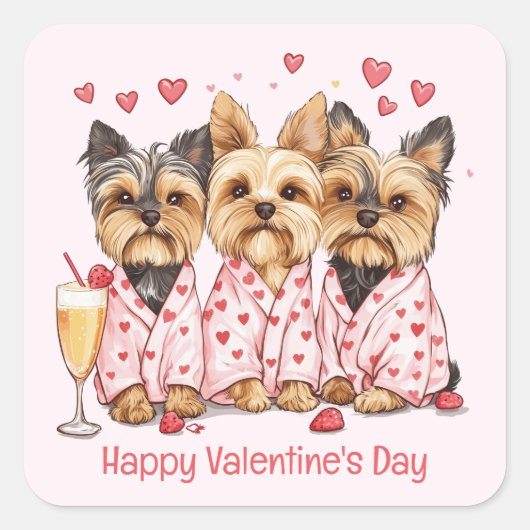 Happy Valentines Day Yorkie Dogs Quadratischer Aufkleber (Vorderseite)