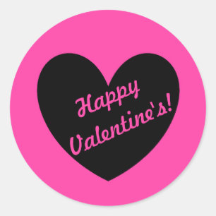 "Happy Valentins" Schwarzes Herz auf fuchsienrosa Runder Aufkleber
