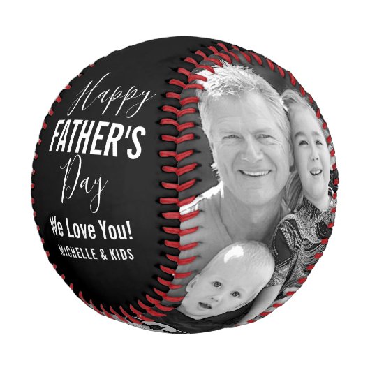 Happy Vatertag Familie Foto Schwarzer Name Skript Baseball (Schrägansicht)