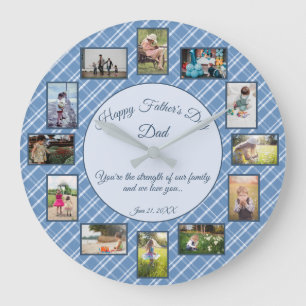 Happy Vathers Day Blue Kariert Family Foto Templat Große Wanduhr