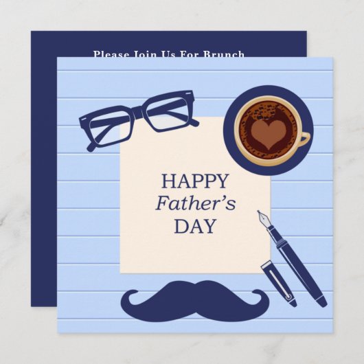 Happy Vathers Day Fun Blue Mustache Familie Brunch Einladung (Vorne/Hinten)