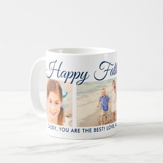 Happy Vathers Day Navy Script Foto Collage Kaffeetasse (Vorderseite Links)