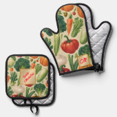 Happy Vegetables Gesunde Lebensmittel Trendy Colle Ofenhandschuh & Topflappen-Set (Vorderseite/Rückseite)