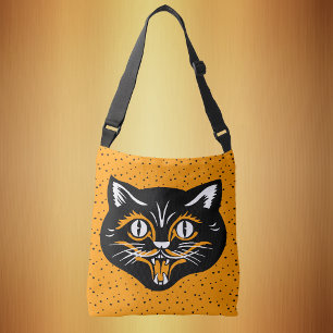Happy Vintage Halloween Black Cat Face auf Orange Tragetaschen Mit Langen Trägern
