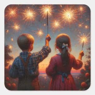 Happy Vurth Children mit Sparklern Personalisiert Quadratischer Aufkleber