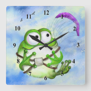 Happy Wall Clock Funny Frog Paraglider Quadratische Wanduhr