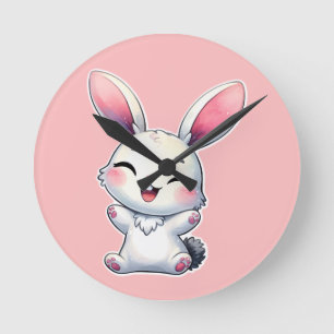 Happy Watercolor Bunny Runde Wanduhr