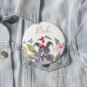 Happy Watercolor Florals Wedding Bride Button