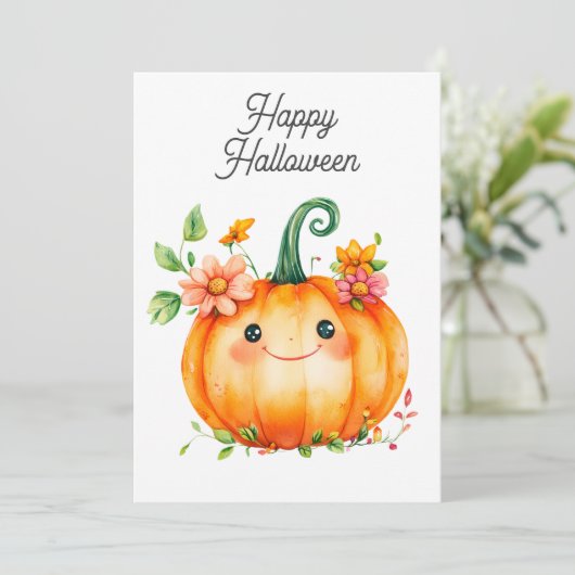 Happy Watercolor Pumpkin in Blume zu Halloween (Stehend Vorderseite)